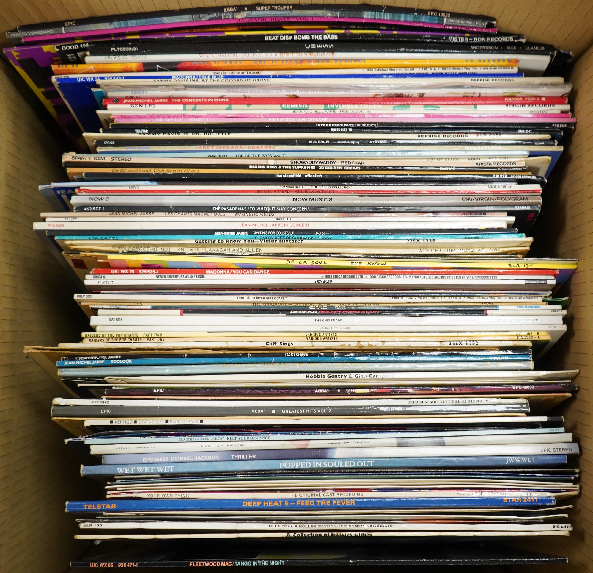 A collection of LP record albums and a few 12” singles, artists including; ABBA, Madonna, Sammy Davis Junior, Genesis, Pet Shop Boys, Janet Jackson, Spandau Ballet, Jean-Michel Jarre, Cliff Richard, Michael Jackson, Wet